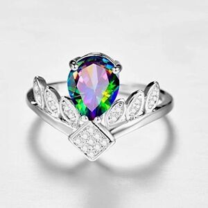 925 Sterling Silver Created Rainbow Topaz Filled Tiara Crown V Ring Size 9